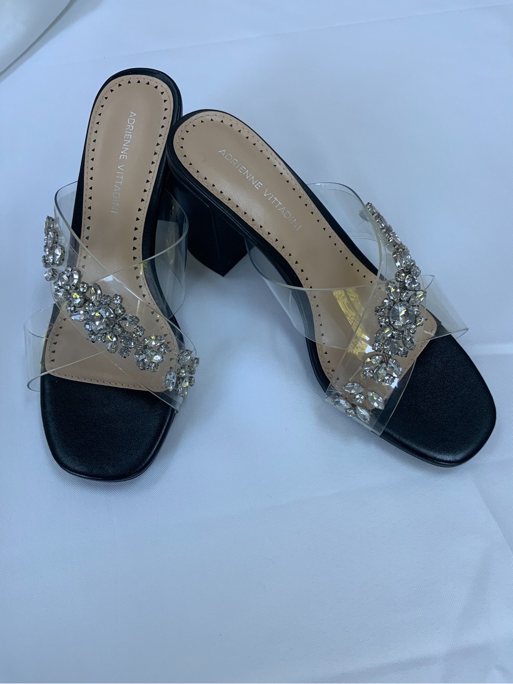 New Adrienne Vittadini Black Clear Gem Slide Avenue Sandals Size 8.5
